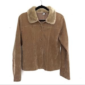 Celine Camel Faux Suede Faux Fur Collared Coat Size L